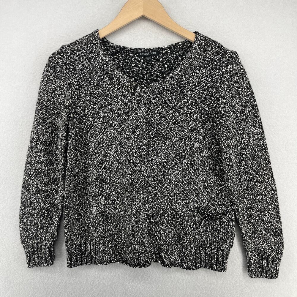 EILEEN FISHER Sweater PM Cotton Nubble Marled Round Neck Jumper Pullover Black